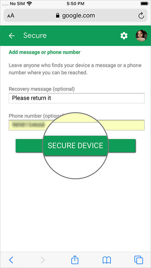 Enter Recover Message Phone No and Tap to Remotely Secure Android Device From iPhone