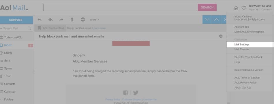 Go to Mail Settings using the AOL web browser