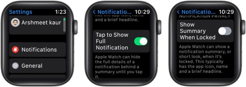 Manage notification privacy on Apple Watch Settings