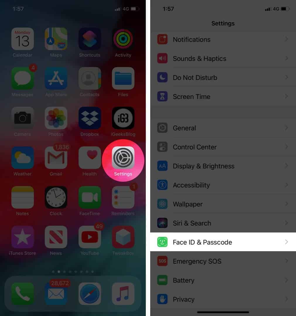 Open Settings and Tap on Face ID & Passcode on iPhone
