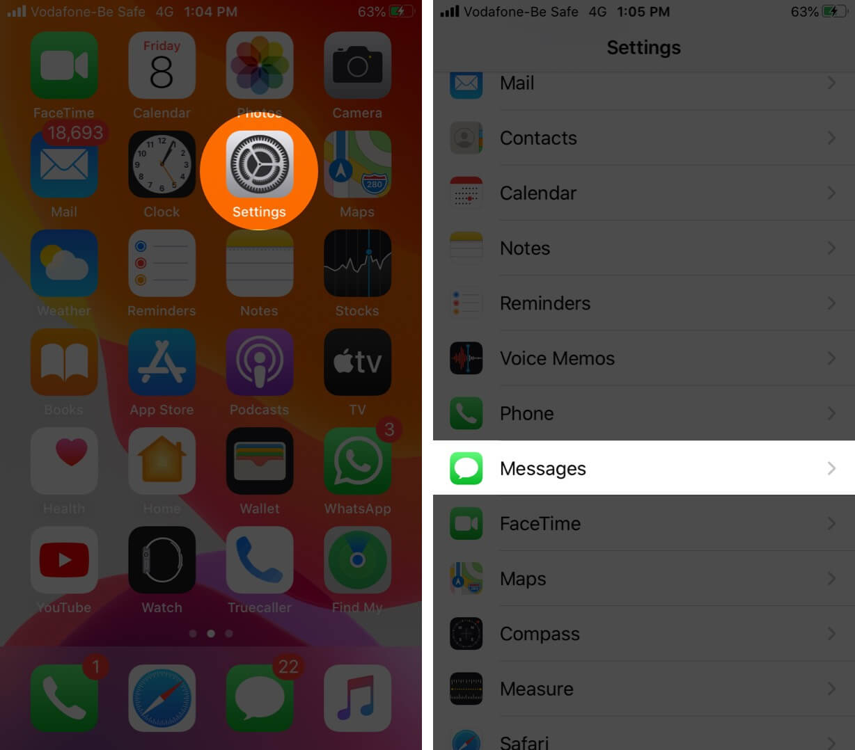 Open Settings and Tap on Messages on iPhone