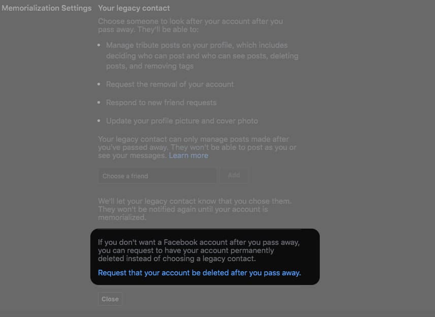 Request that your account be deleted after you pass away on Mac