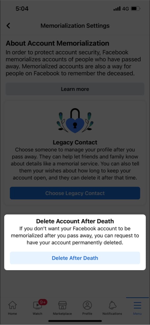Запросить удаление вашей учетной записи Facebook на iPhone и iPad