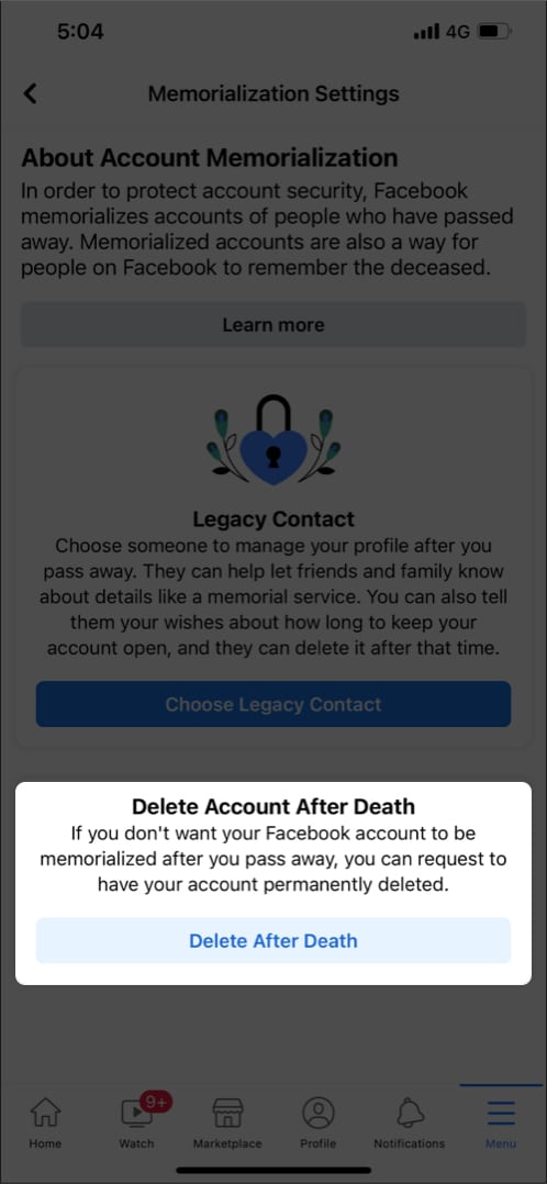 Request your Facebook account to be deleted on iPhone and iPad