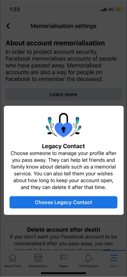 Select Choose a legacy contact in FB on iPhone