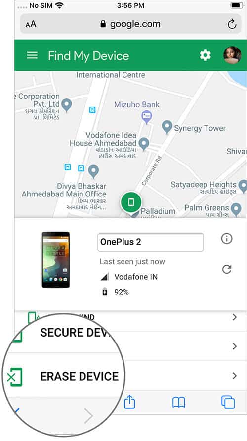 Select Erase Device Option to Remotely Remove Data from Android Device on iPhone