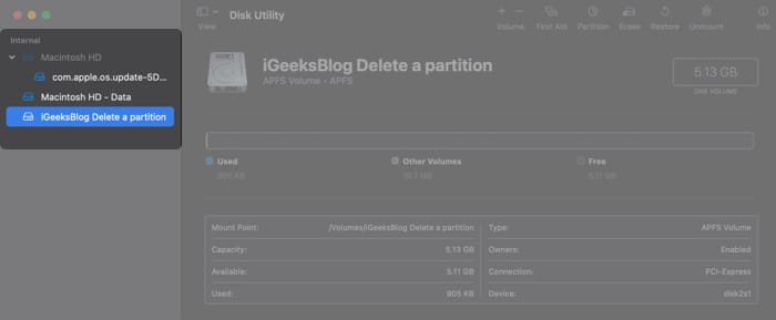 Select the partition you want to delete on Mac