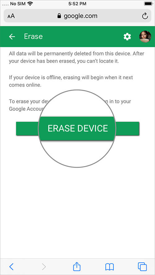 Tap on Erase Device Button and Remove Data Remotely from Android Device on iPhone