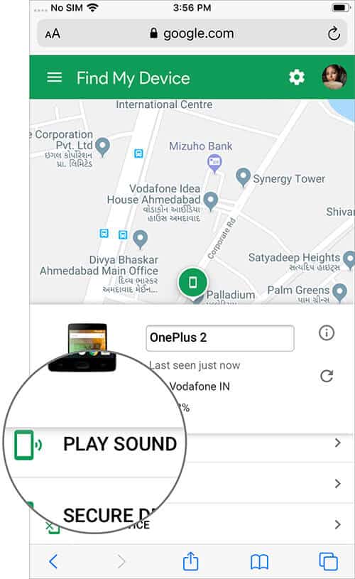 Tap on Play Sound To Remotely Ring Android Device on iPhone