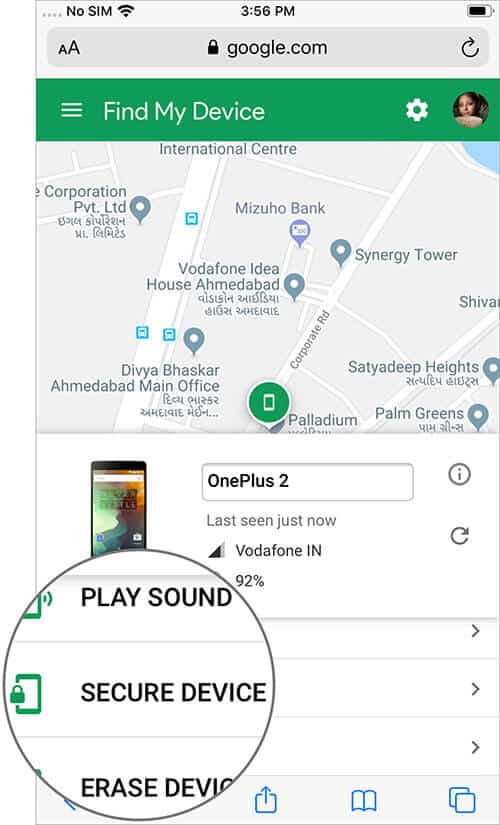 Tap on Secure Device Option on Android Device Page on iPhone
