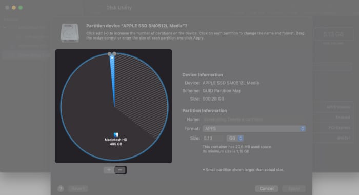 The partition you want to delete is selected in the pie chart on Mac