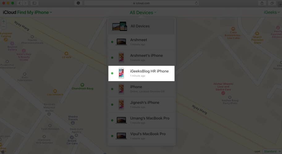 click on device in find my iphone in icloud