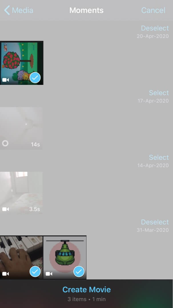Choose Videos and Tap on Create Movie on iPhone