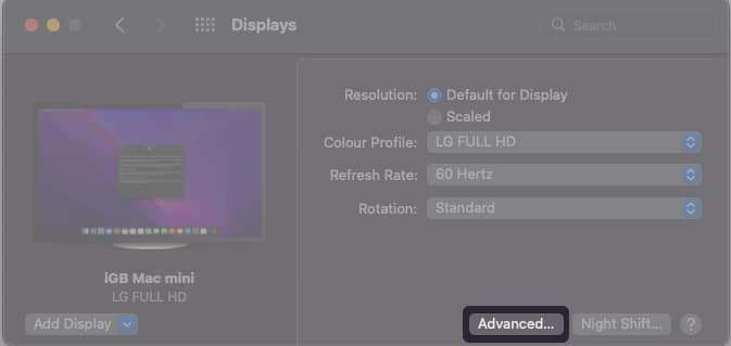 Click Advanced to access Universal Control’s settings on Mac