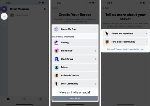 Create a server from scratch in Discord iOS app