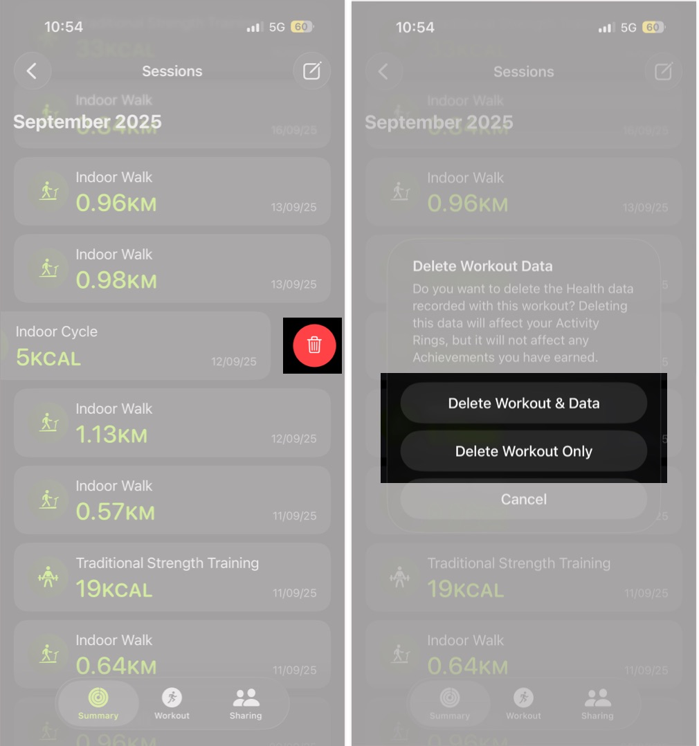 Delete Apple Watch workout by swiping left and tapping delete option