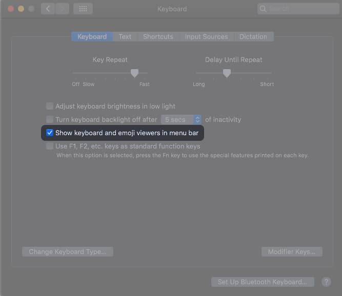 Enable Show keyboard and emoji viewers in the menu bar on Mac