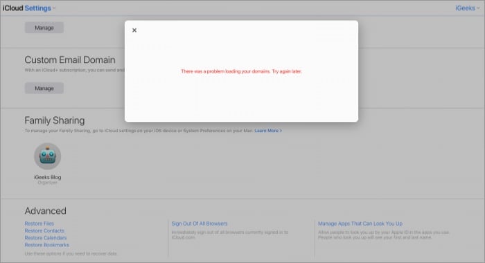 Error while creating or deleting iCloud custom domain