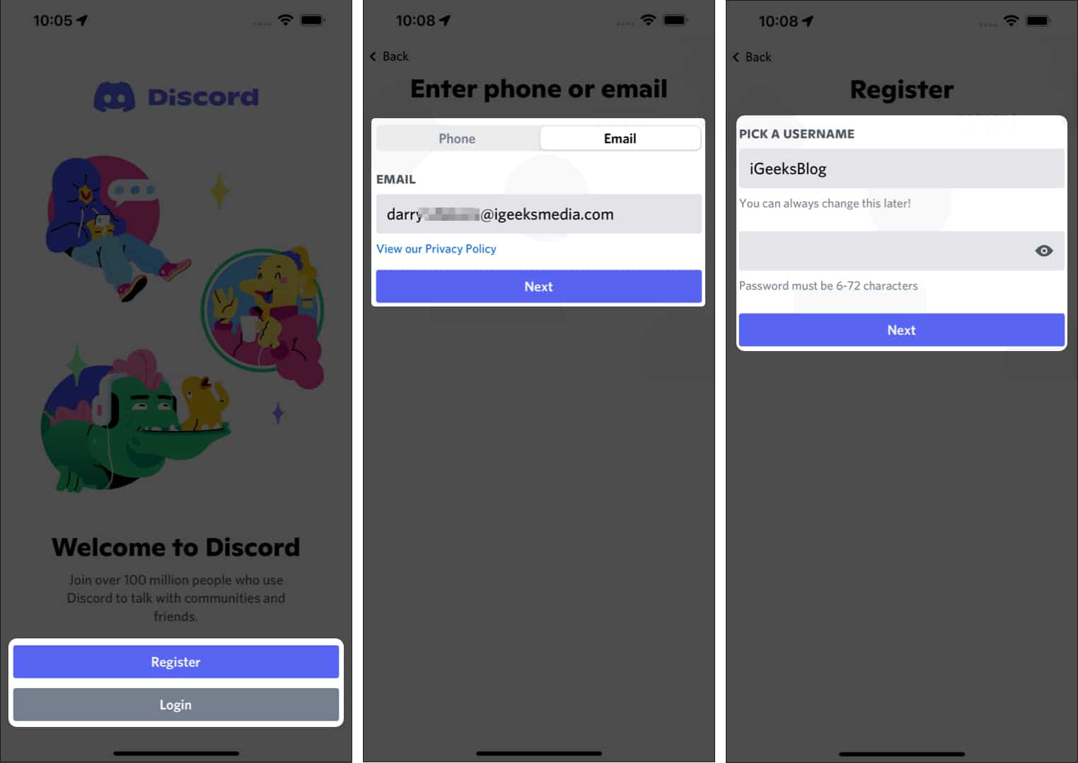 Login or register to Discord account on iPhone