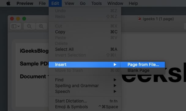 Select Page from File from edit menu on Mac