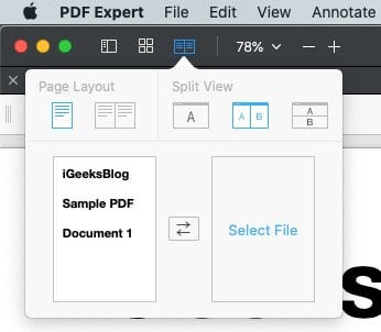 Select Vertical under Split View from PDF expert