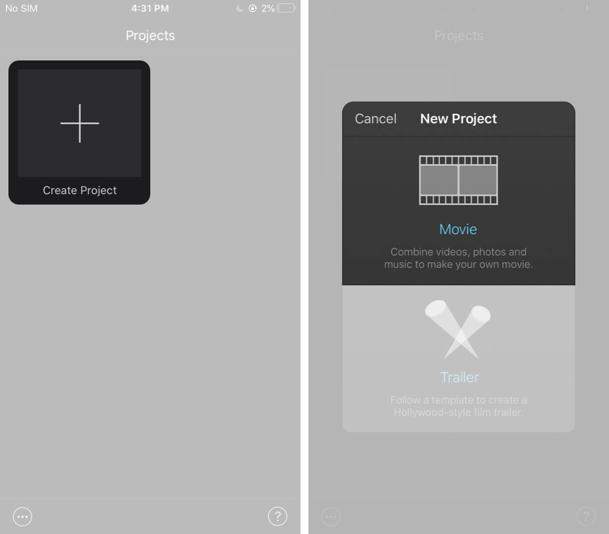 Tap on Create Project and Then Tap on Movie