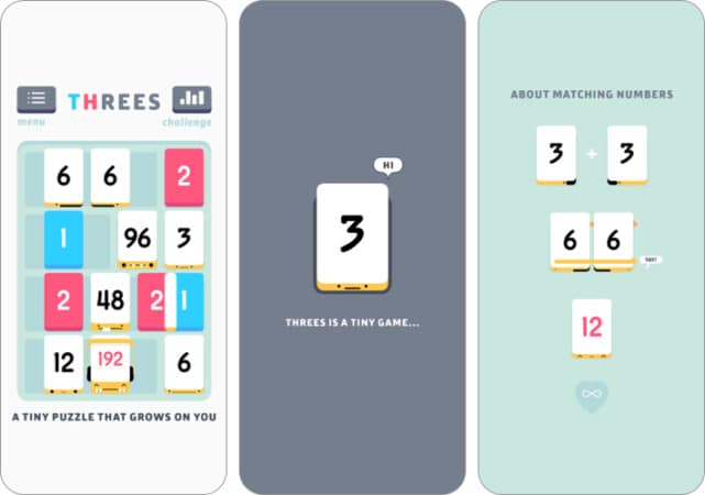 Threes one-handed game for iPhone and iPad