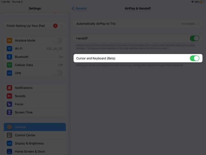 Toggle on the switch next to Cursor and Keyboard (Beta) on iPad