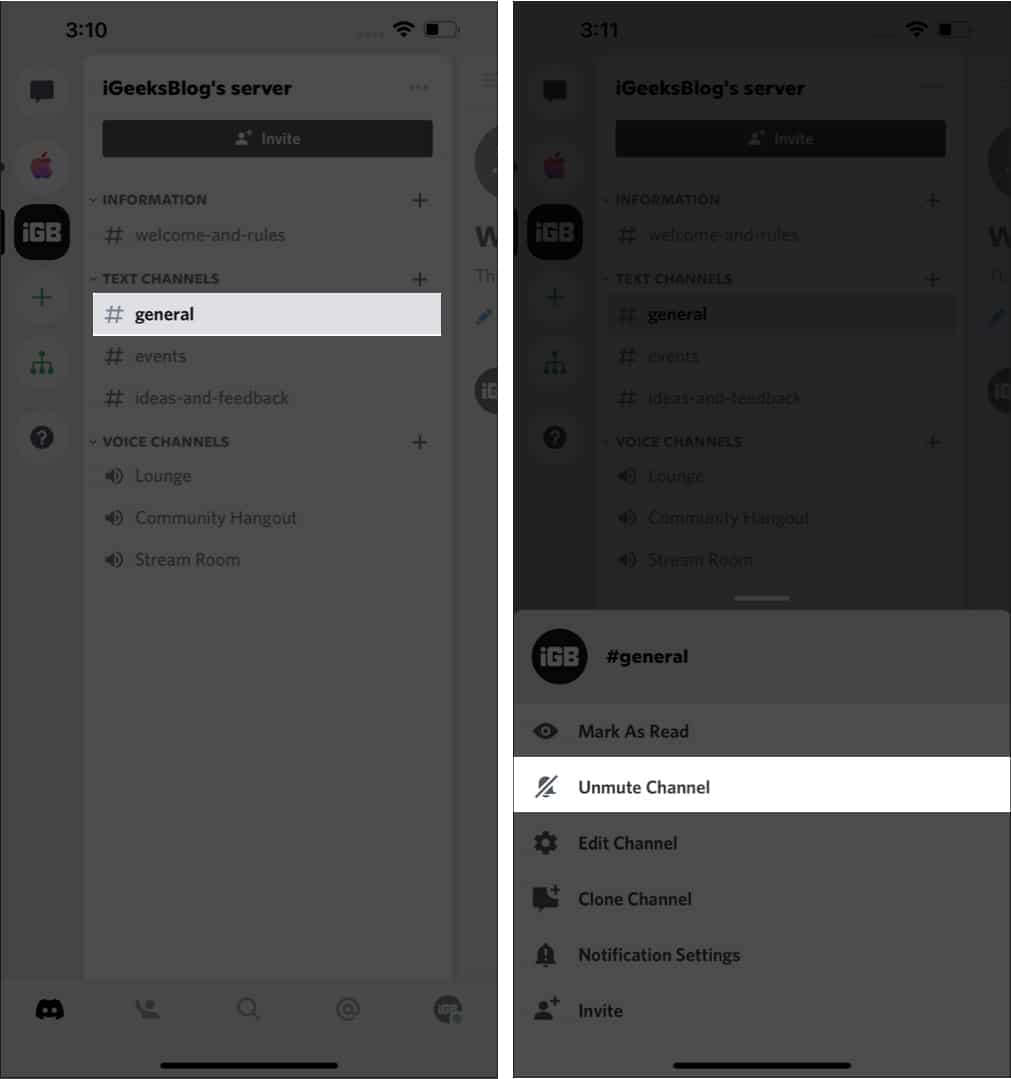Unmute Channels from Discord on iPhone