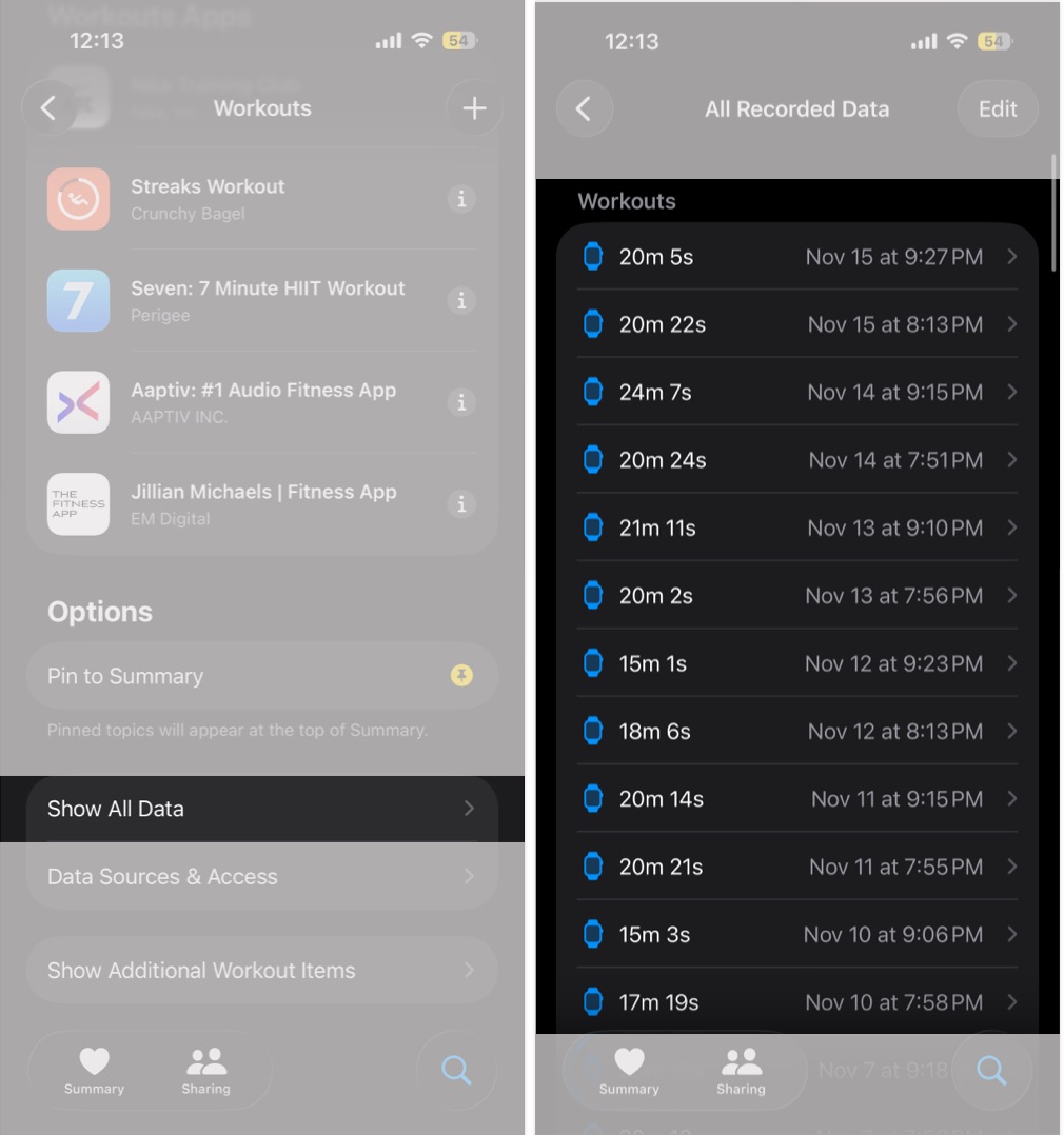 View all workout entries in Health app by tapping Show All Data