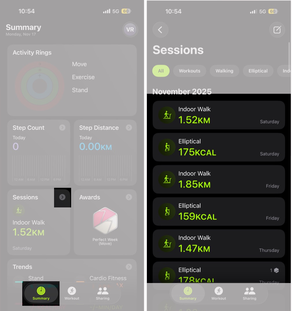 View recorded Apple Watch workouts by opening Sessions in Fitness app