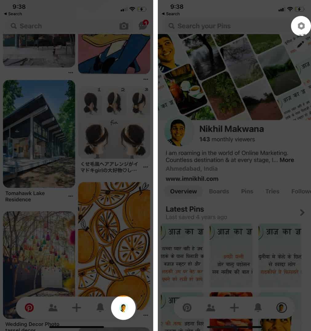 open pinterest app tap on profile and tap on settings on iphone
