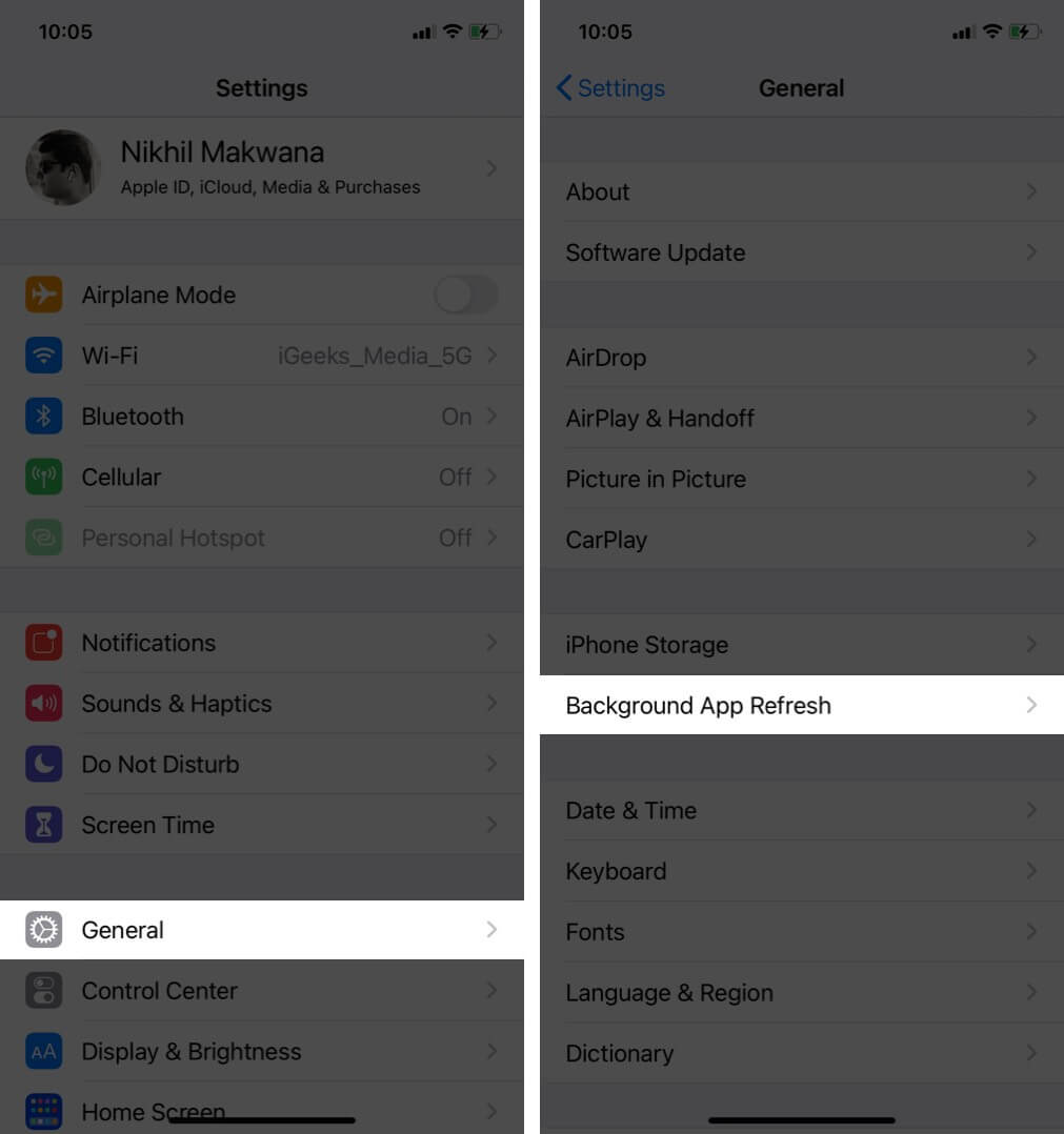 tap on general and tap background app refresh in settings on iphone