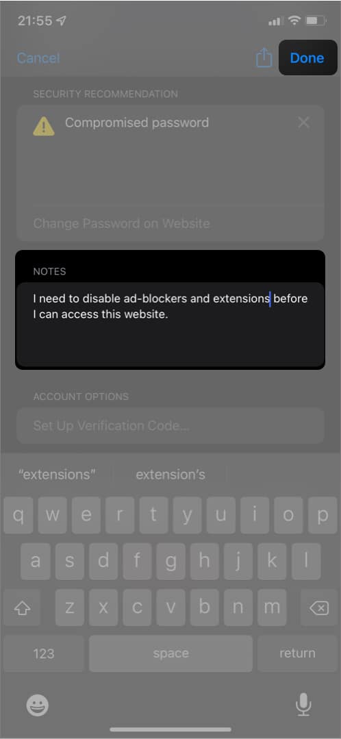Добавление примечаний к записям связки ключей iCloud на iPhone
