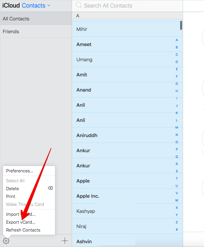 Click on Export vCard in iCloud