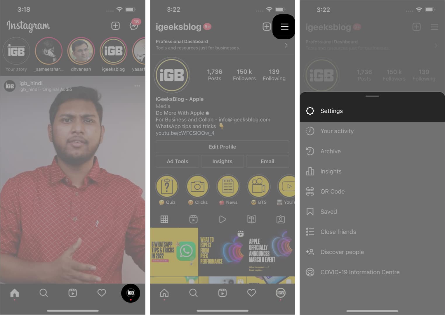 Go to Instagram Settings on iPhone