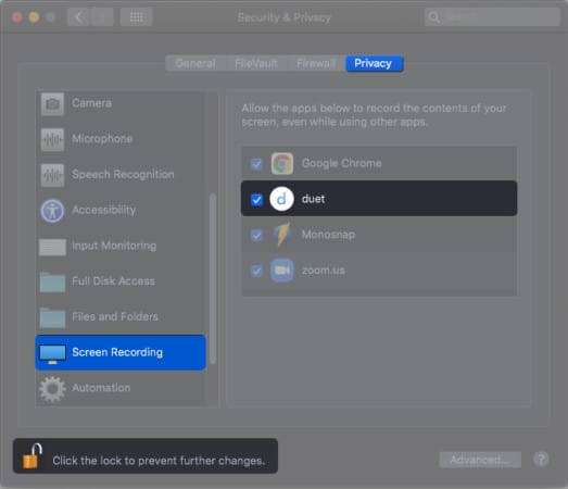 Grant recording access for Duet display on Mac