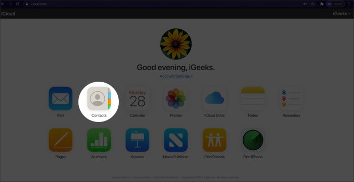 Login to iCloud in browser on Windows PC and click on Contacts icon