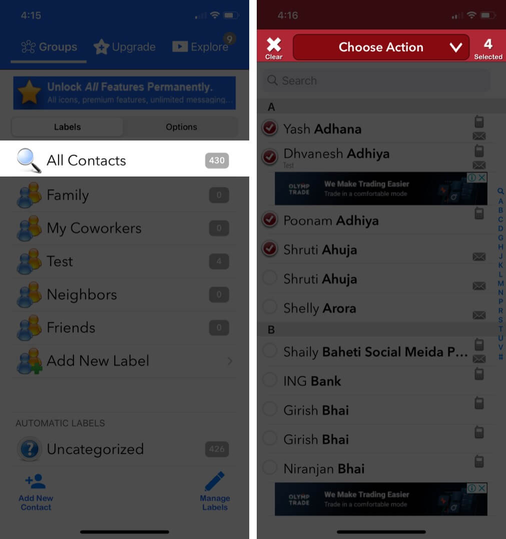 Open groups app and select contacts you wish to delete on iphone