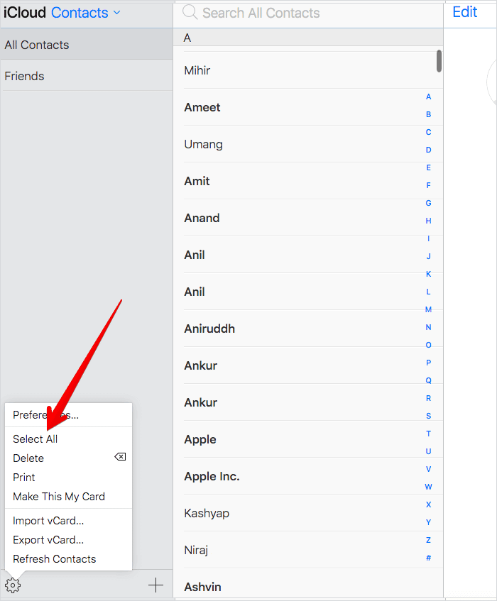 Select All iPhone Contacts in iCloud