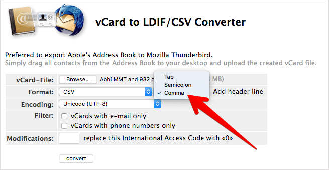 Select Comma in Format to Import iPhone Contacts in Excel