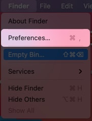 Выберите «Настройки» в меню Finder на Mac