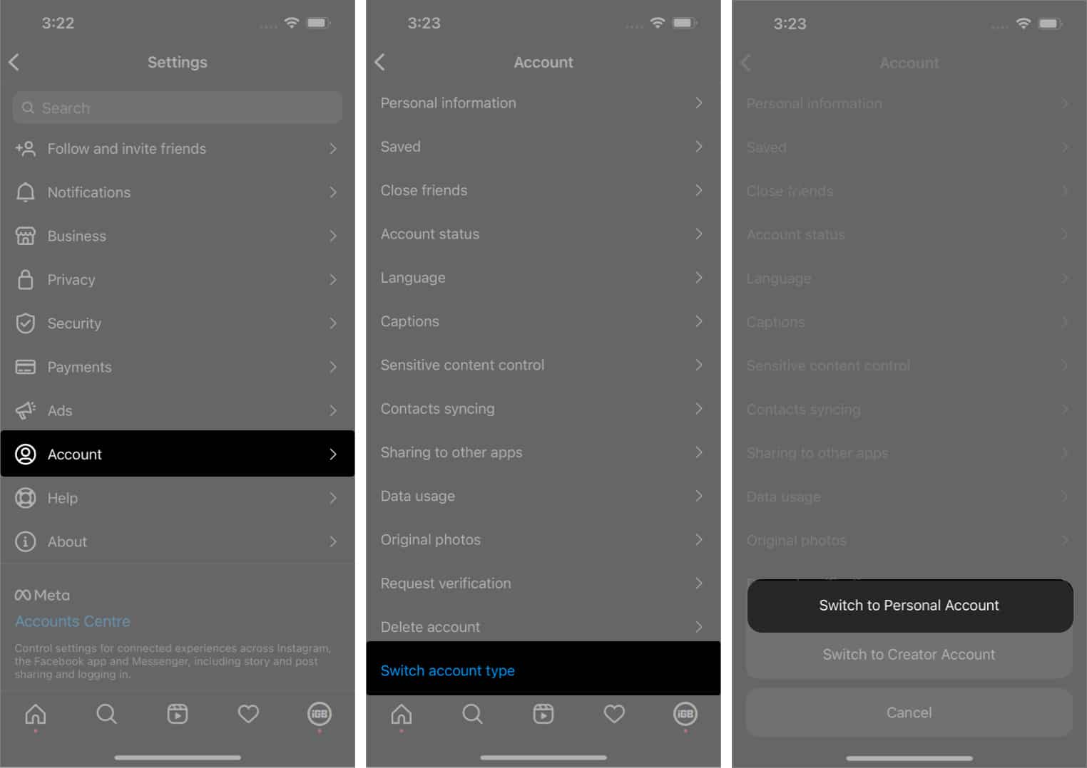 Switch from Business to Personal account in Instagram on iPhone