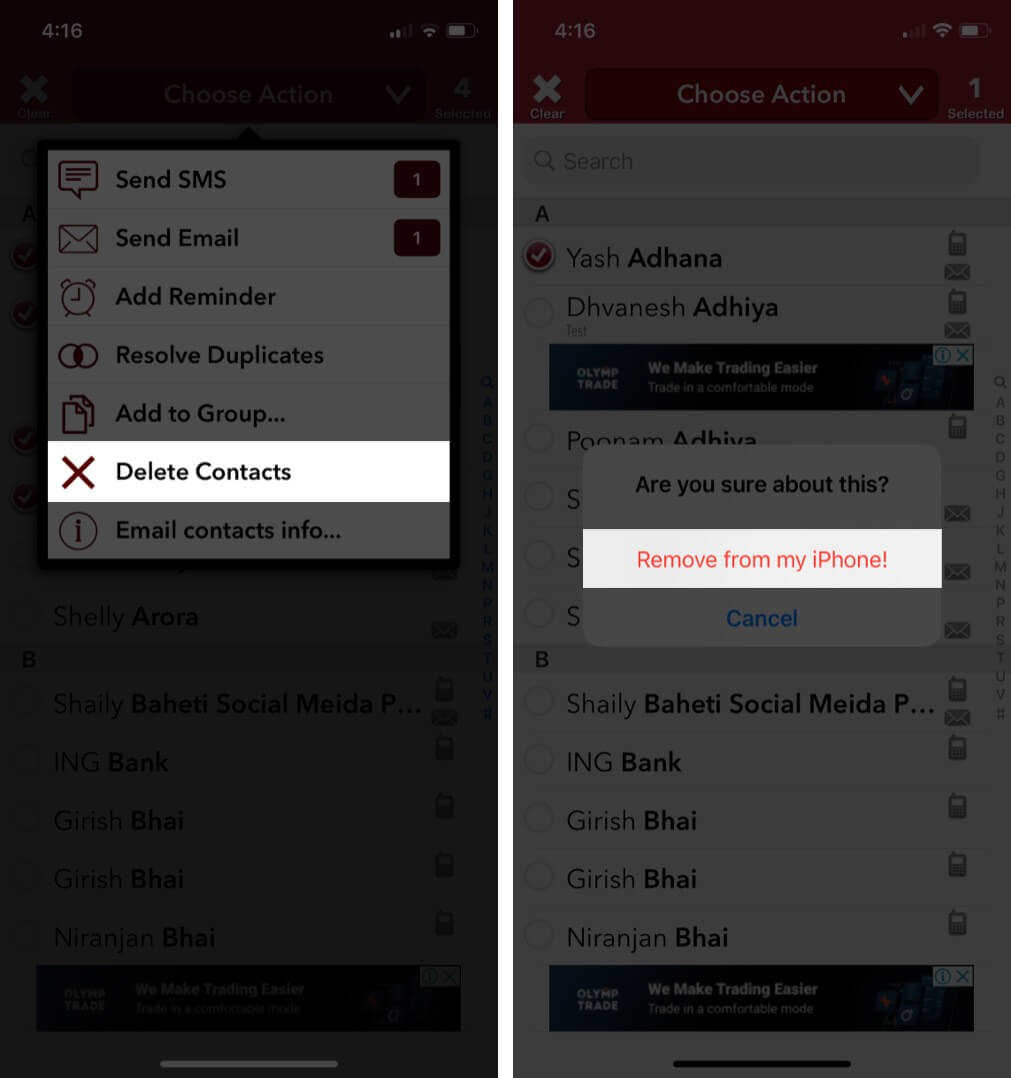 Tap on delete contacts to delete multiple contacts at once on iphone