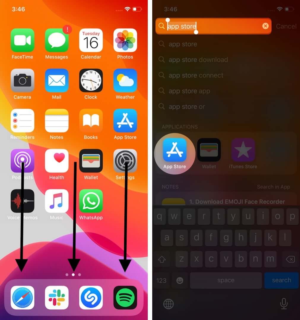 swipe down on iphone home screen and search for app store