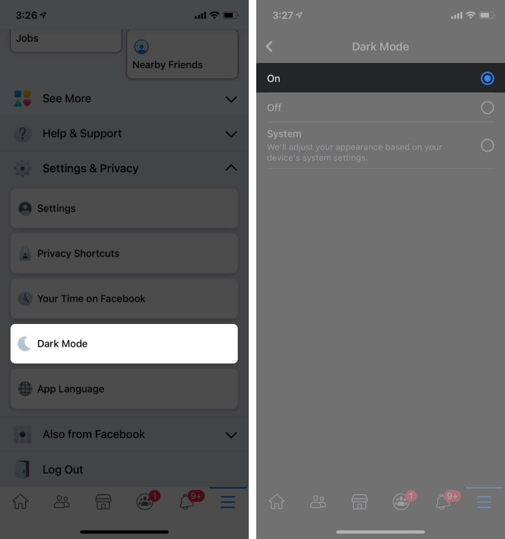 Tap on Dark Mode to Enable it in Facebook on iPhone