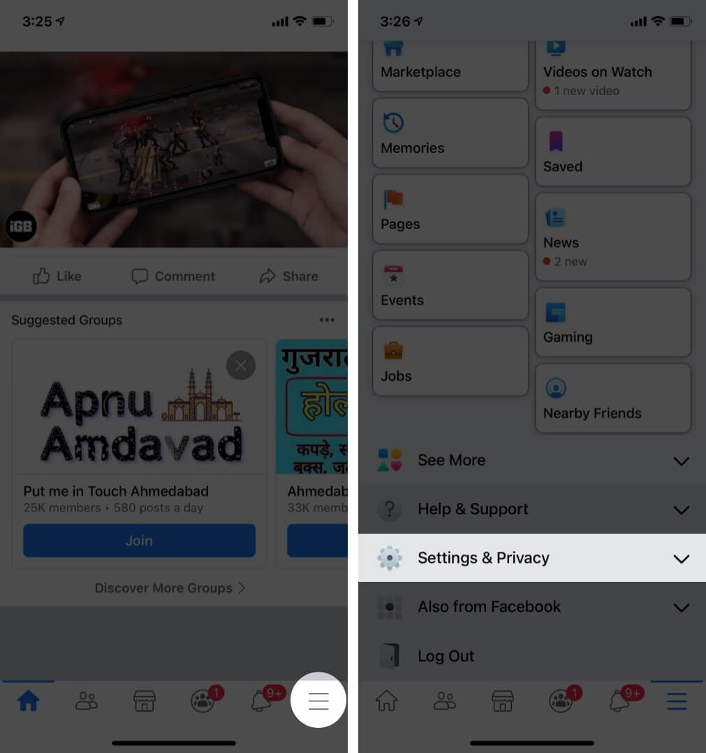 Tap on Three Lines and Then Tap on Settings and Privacy in Facebook App on iPhone