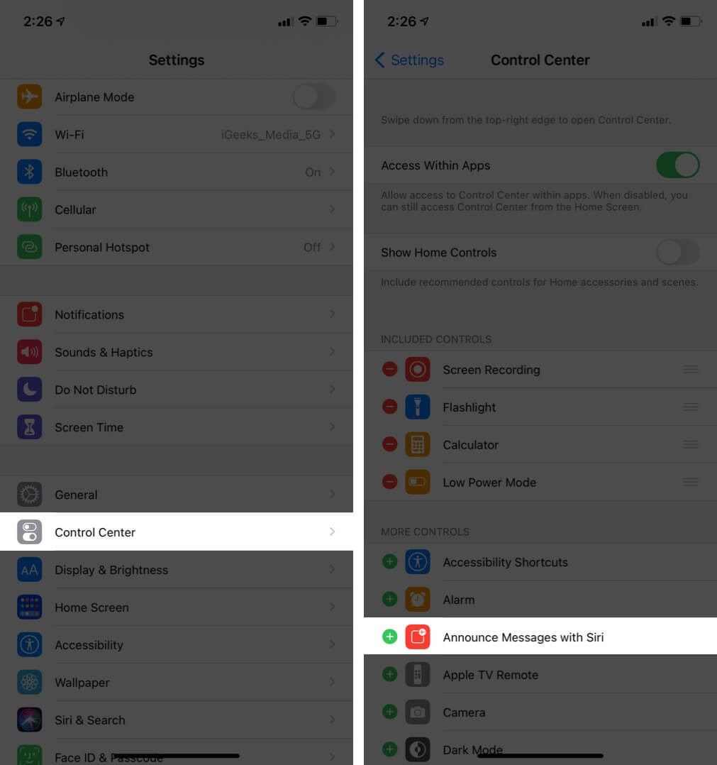 Add Announce Messages with Siri to Control Centre on iPhone