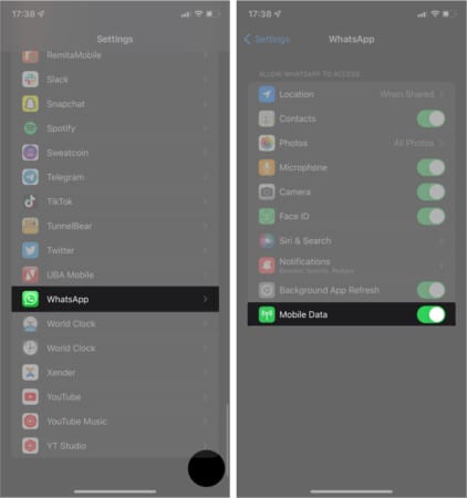 Allow WhatsApp to use mobile data on iPhone