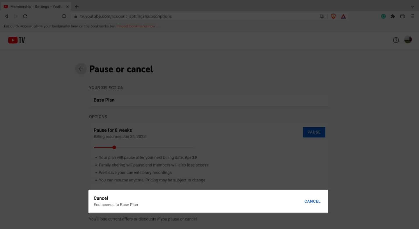 Cancel YouTube TV via a browser